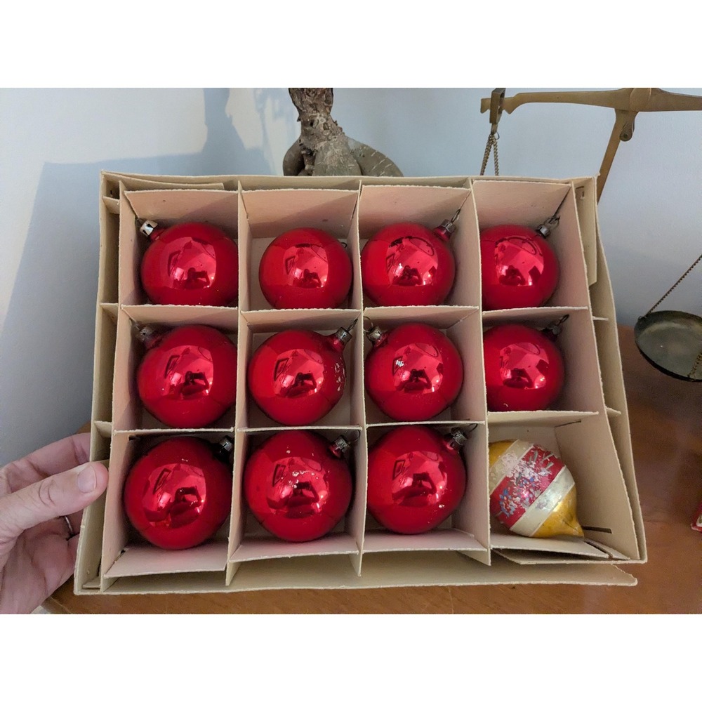Vintage Red Glass Christmas Ornaments Set, Mercury Glass Baubles, Retro Holiday